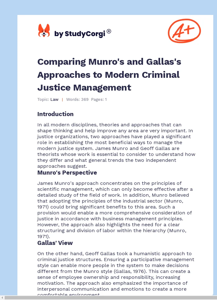 Comparing Munro's and Gallas's Approaches to Modern Criminal Justice Management. Page 1