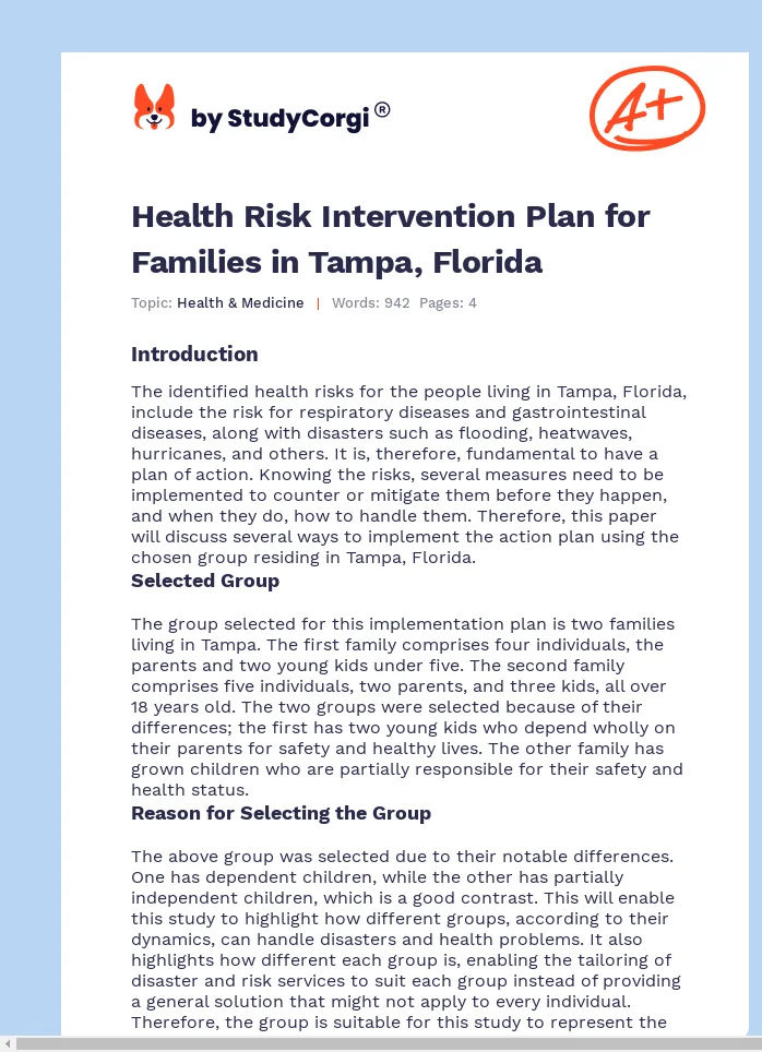 Health Risk Intervention Plan for Families in Tampa, Florida. Page 1