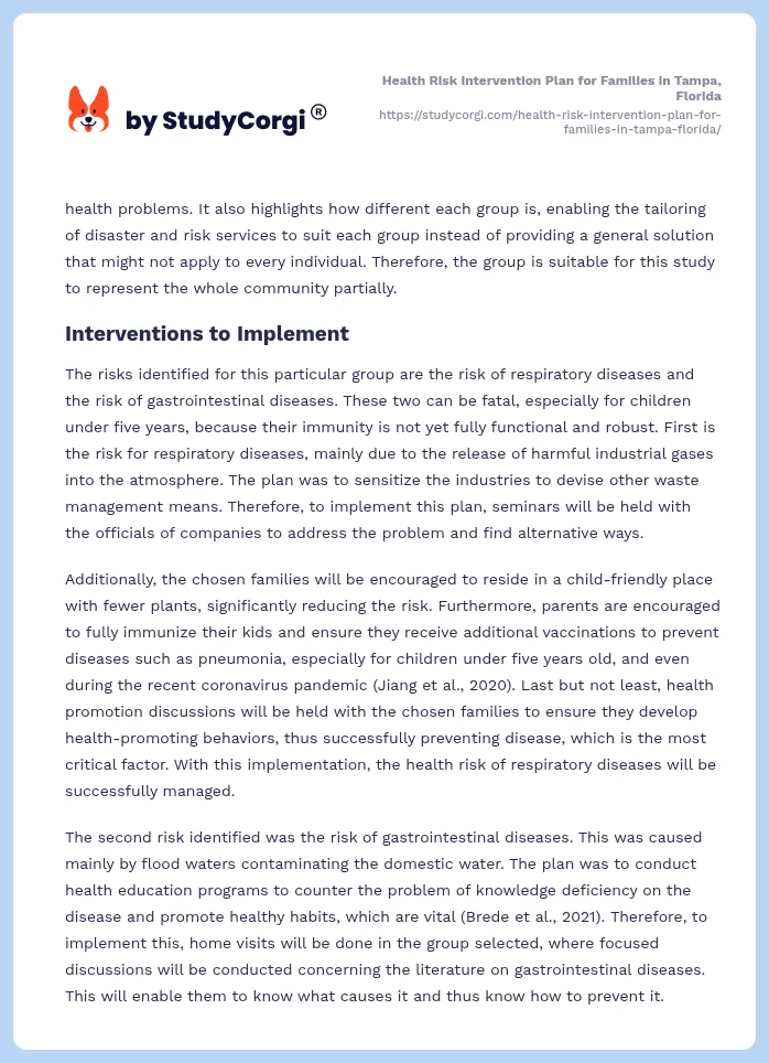 Health Risk Intervention Plan for Families in Tampa, Florida. Page 2