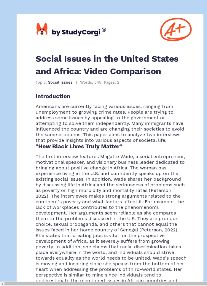Social Issues in the United States and Africa: Video Comparison. Page 1
