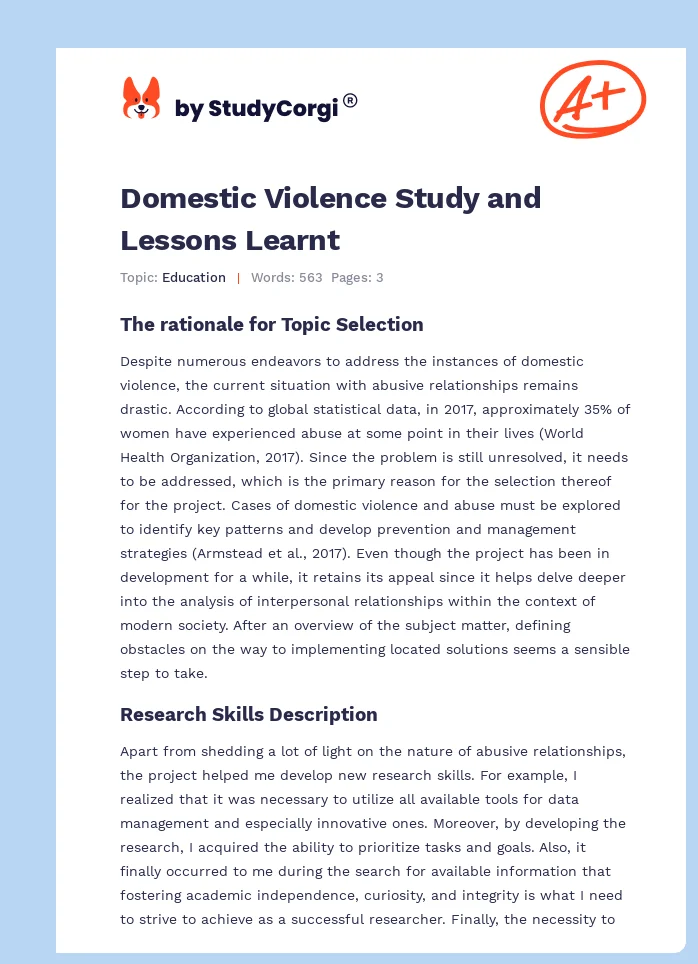 Domestic Violence Study and Lessons Learnt. Page 1
