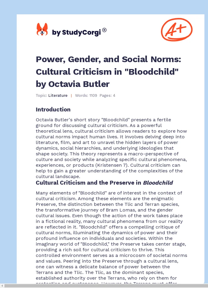 Power, Gender, and Social Norms: Cultural Criticism in "Bloodchild" by Octavia Butler. Page 1