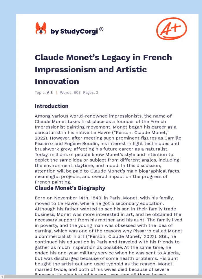 Claude Monet’s Legacy in French Impressionism and Artistic Innovation. Page 1