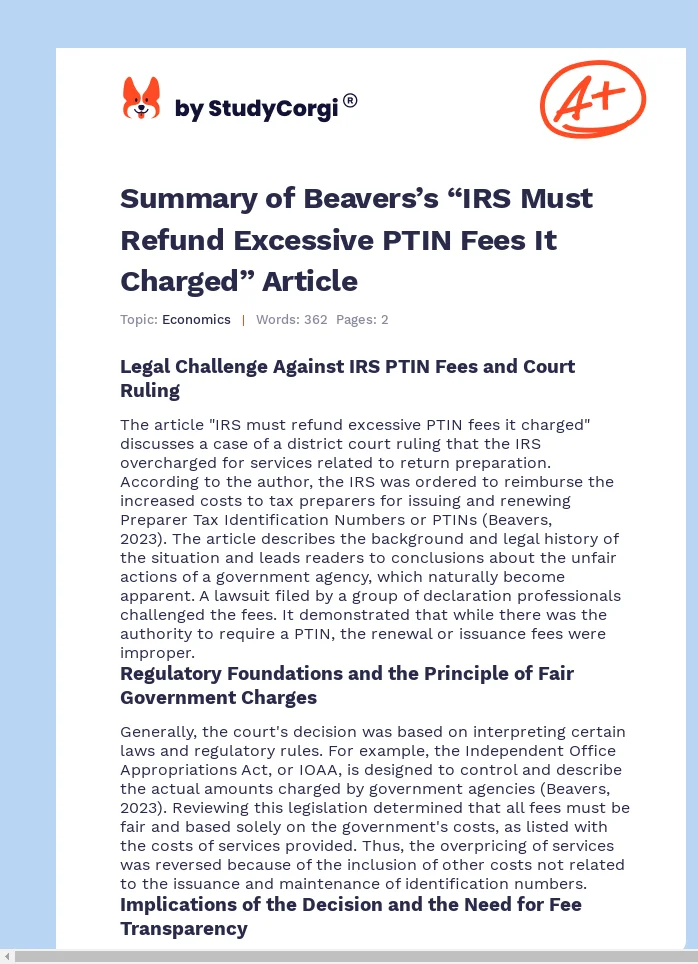Summary of Beavers’s “IRS Must Refund Excessive PTIN Fees It Charged” Article. Page 1