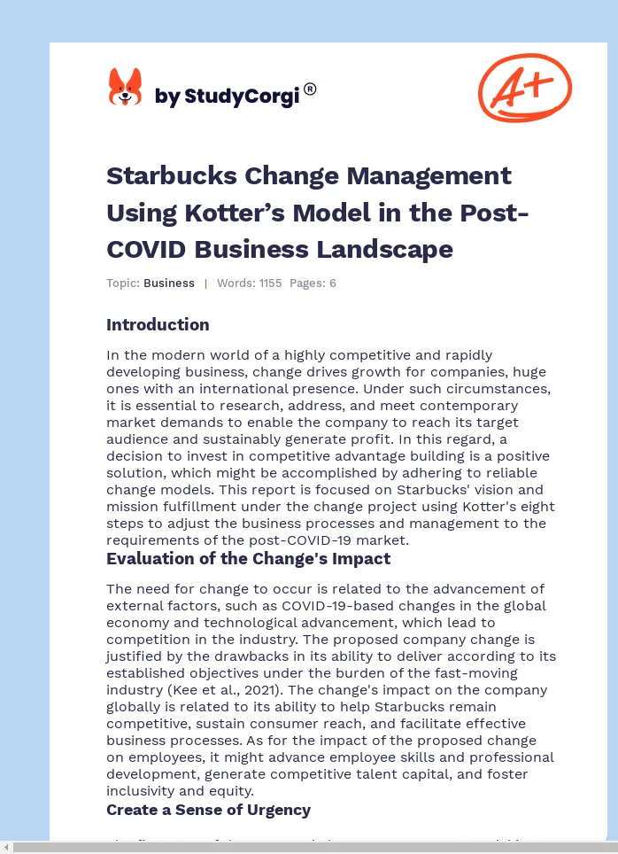 Starbucks Change Management Using Kotter’s Model in the Post-COVID Business Landscape. Page 1