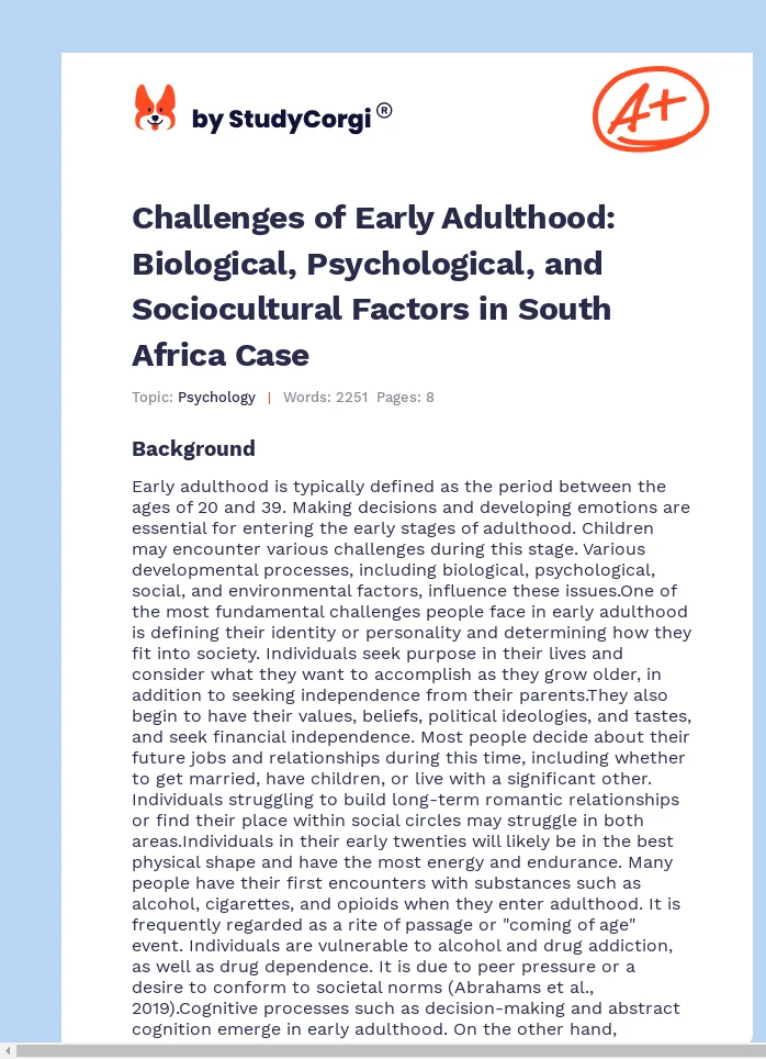 Challenges of Early Adulthood: Biological, Psychological, and Sociocultural Factors in South Africa Case. Page 1
