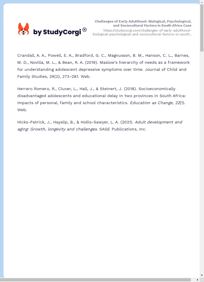 Challenges of Early Adulthood: Biological, Psychological, and Sociocultural Factors in South Africa Case. Page 2