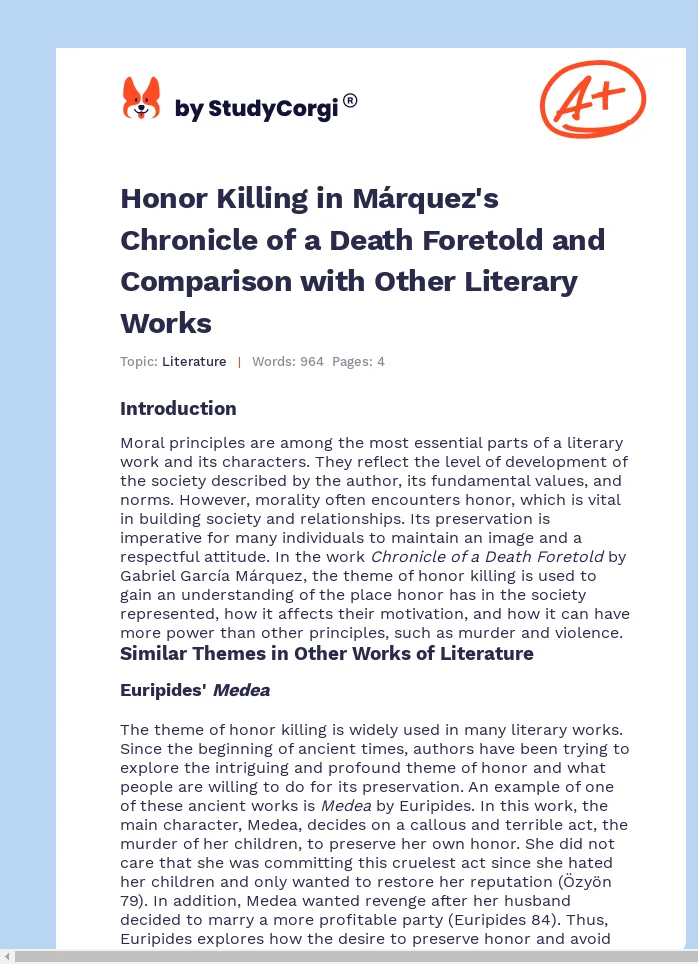 Honor Killing in Márquez's Chronicle of a Death Foretold and Comparison with Other Literary Works. Page 1