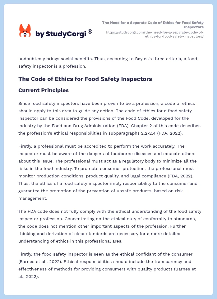 The Need for a Separate Code of Ethics for Food Safety Inspectors. Page 2