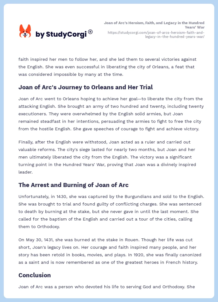 Joan of Arc’s Heroism, Faith, and Legacy in the Hundred Years’ War. Page 2