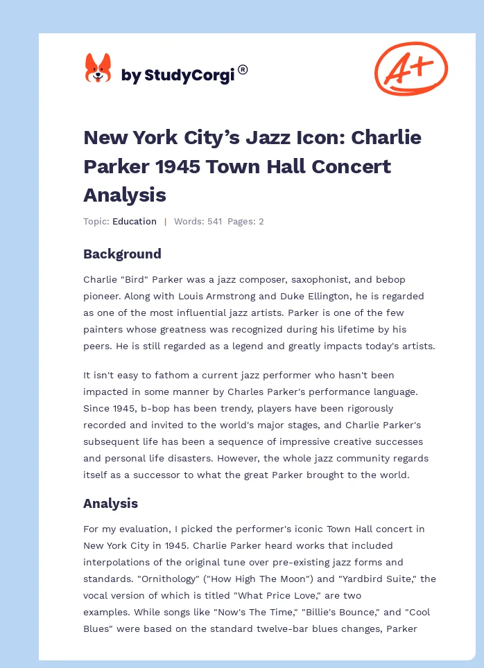 New York City’s Jazz Icon: Charlie Parker 1945 Town Hall Concert Analysis. Page 1