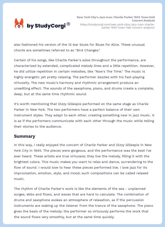 New York City’s Jazz Icon: Charlie Parker 1945 Town Hall Concert Analysis. Page 2