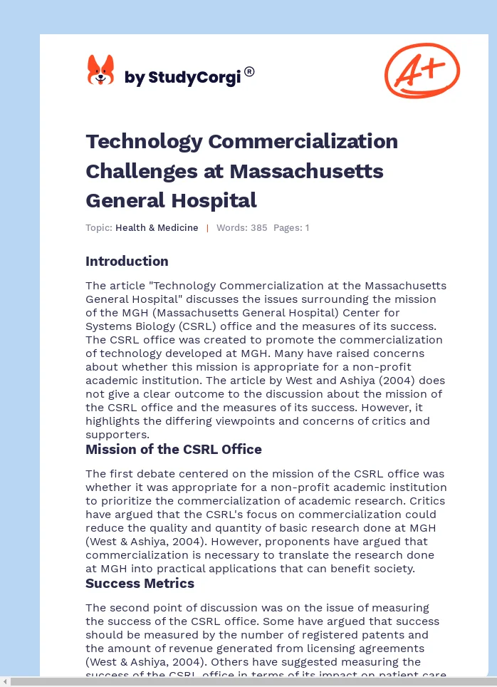 Technology Commercialization Challenges at Massachusetts General Hospital. Page 1