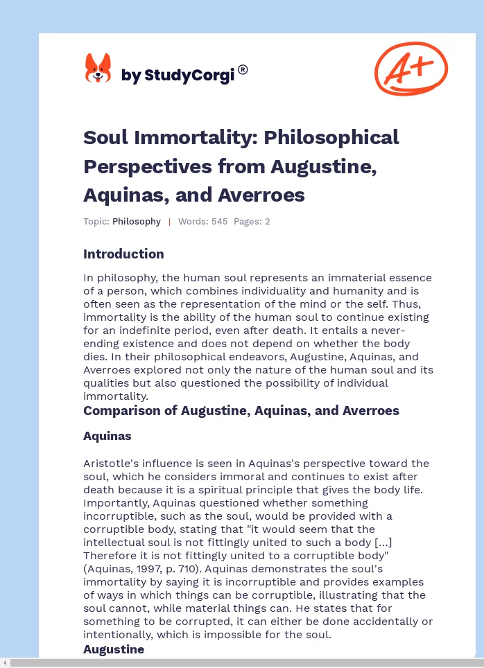Soul Immortality: Philosophical Perspectives from Augustine, Aquinas, and Averroes. Page 1