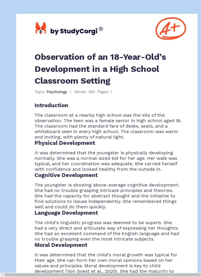 Observation of an 18-Year-Old’s Development in a High School Classroom Setting. Page 1