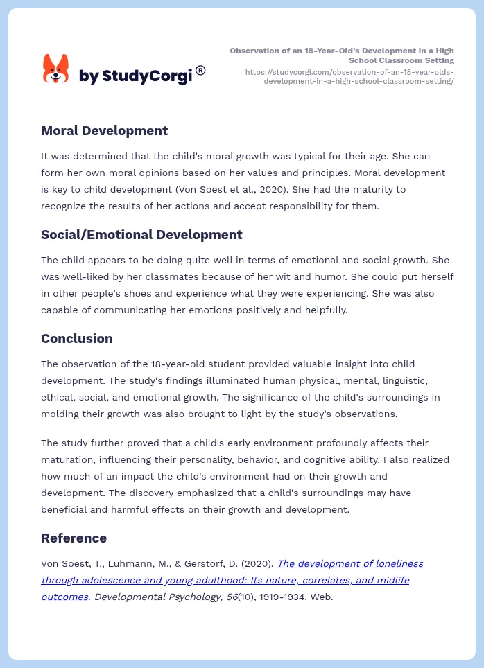 Observation of an 18-Year-Old’s Development in a High School Classroom Setting. Page 2
