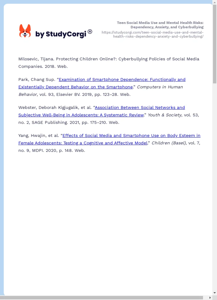 Teen Social Media Use and Mental Health Risks: Dependency, Anxiety, and Cyberbullying. Page 2