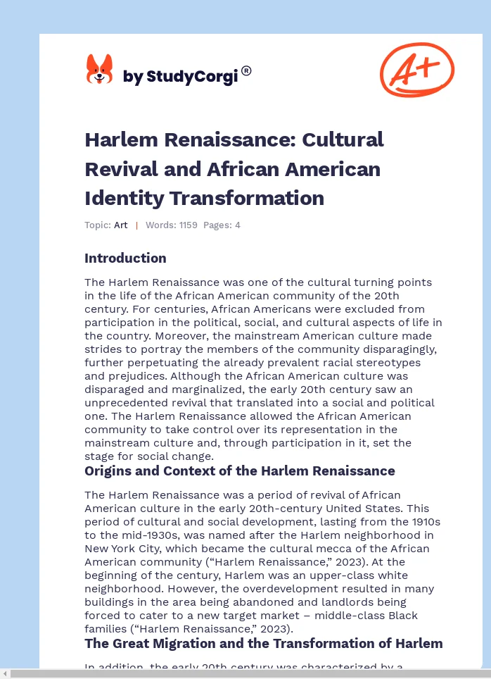 Harlem Renaissance: Cultural Revival and African American Identity Transformation. Page 1