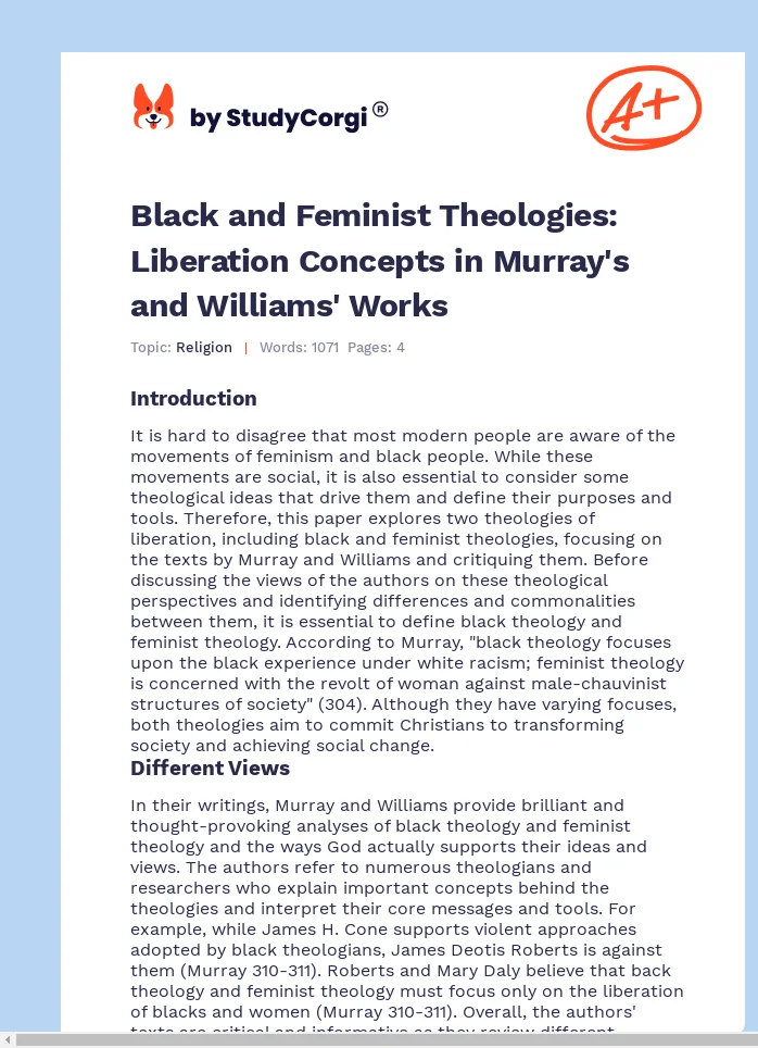Black and Feminist Theologies: Liberation Concepts in Murray's and Williams' Works. Page 1