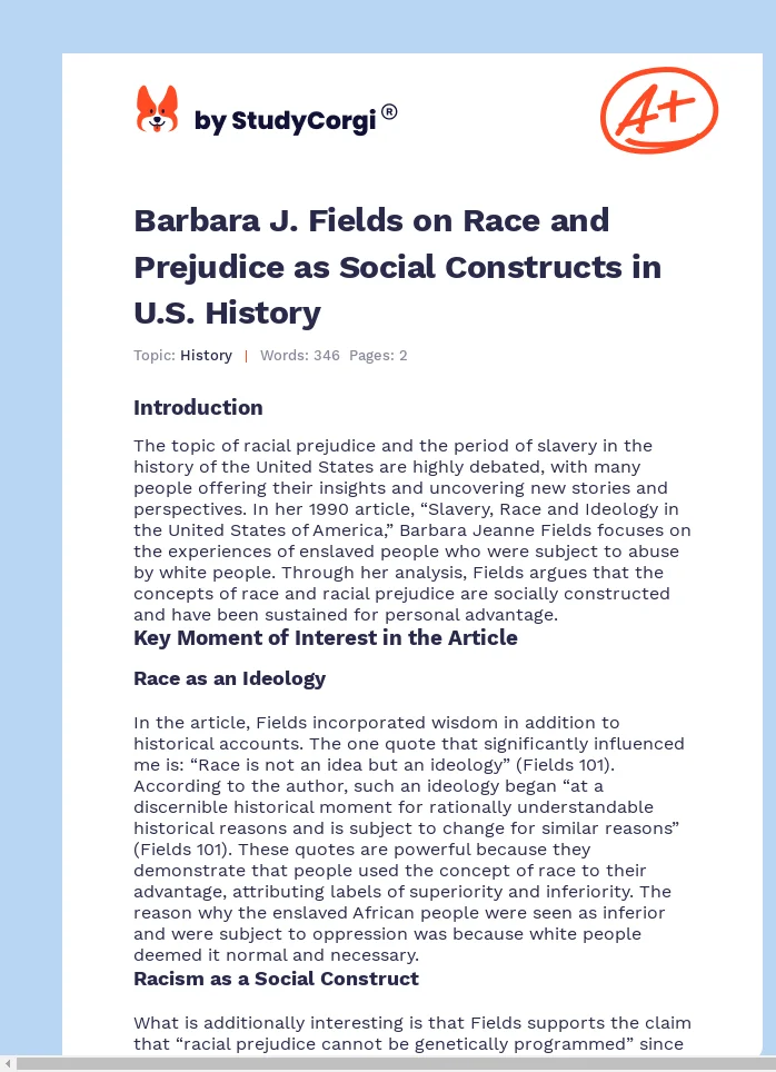Barbara J. Fields on Race and Prejudice as Social Constructs in U.S. History. Page 1