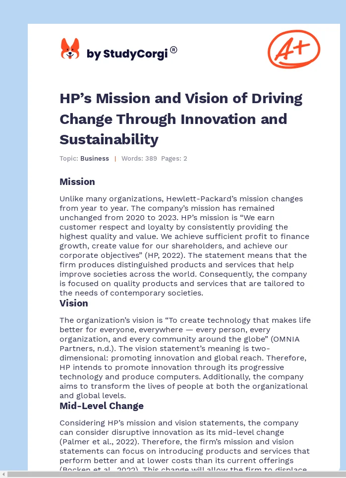 HP’s Mission and Vision of Driving Change Through Innovation and Sustainability. Page 1