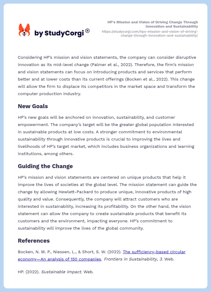 HP’s Mission and Vision of Driving Change Through Innovation and Sustainability. Page 2