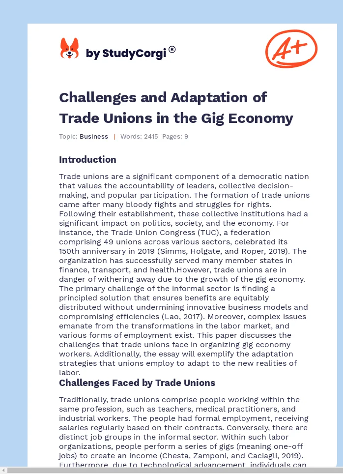 Challenges and Adaptation of Trade Unions in the Gig Economy. Page 1