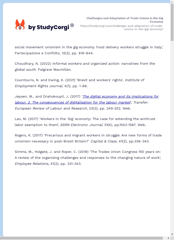 Challenges and Adaptation of Trade Unions in the Gig Economy. Page 2
