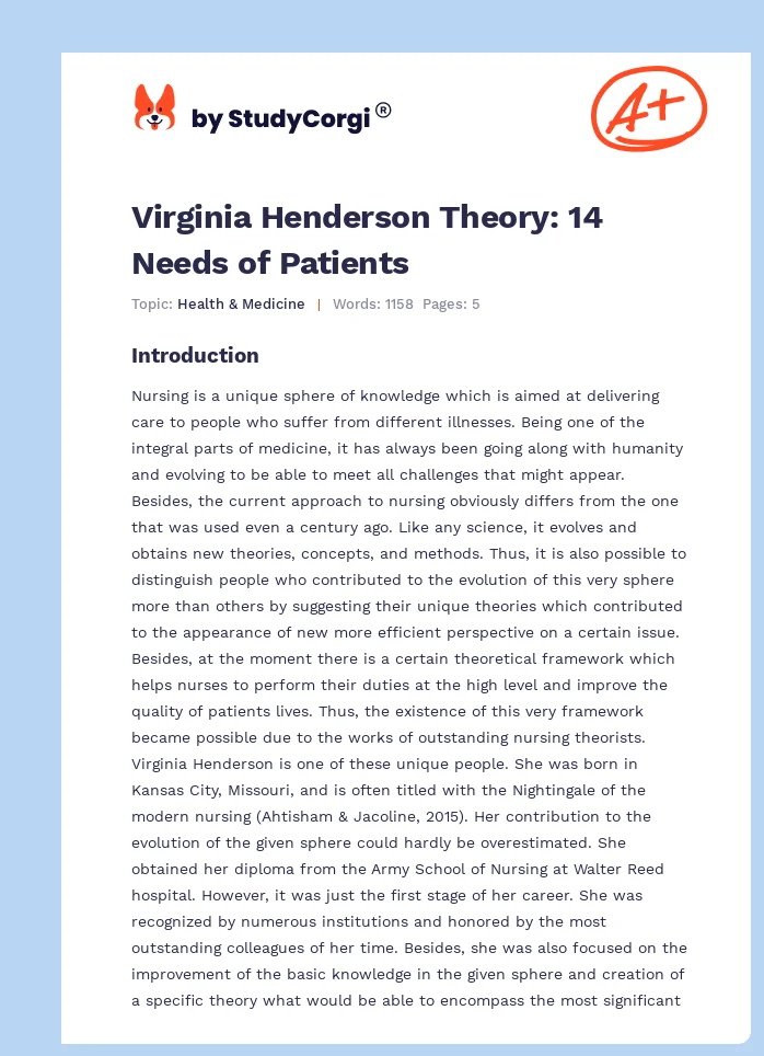 Virginia Henderson's Nursing Need Theory. Page 1