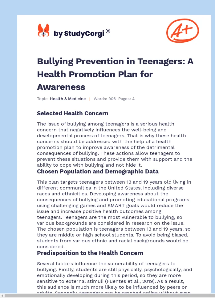 Bullying Prevention in Teenagers: A Health Promotion Plan for Awareness. Page 1