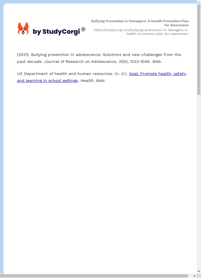 Bullying Prevention in Teenagers: A Health Promotion Plan for Awareness. Page 2