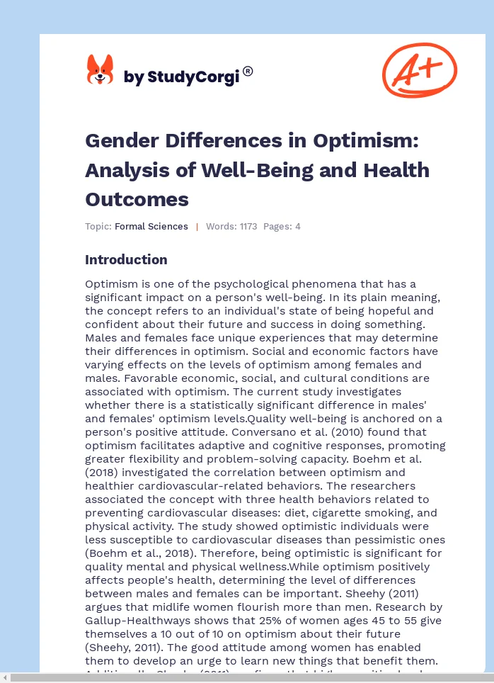 Gender Differences in Optimism: Analysis of Well-Being and Health Outcomes. Page 1