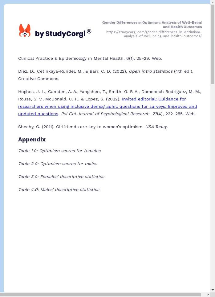 Gender Differences in Optimism: Analysis of Well-Being and Health Outcomes. Page 2
