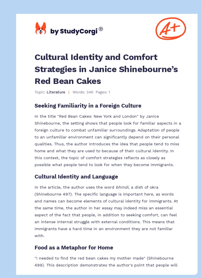 Cultural Identity and Comfort Strategies in Janice Shinebourne’s Red Bean Cakes. Page 1