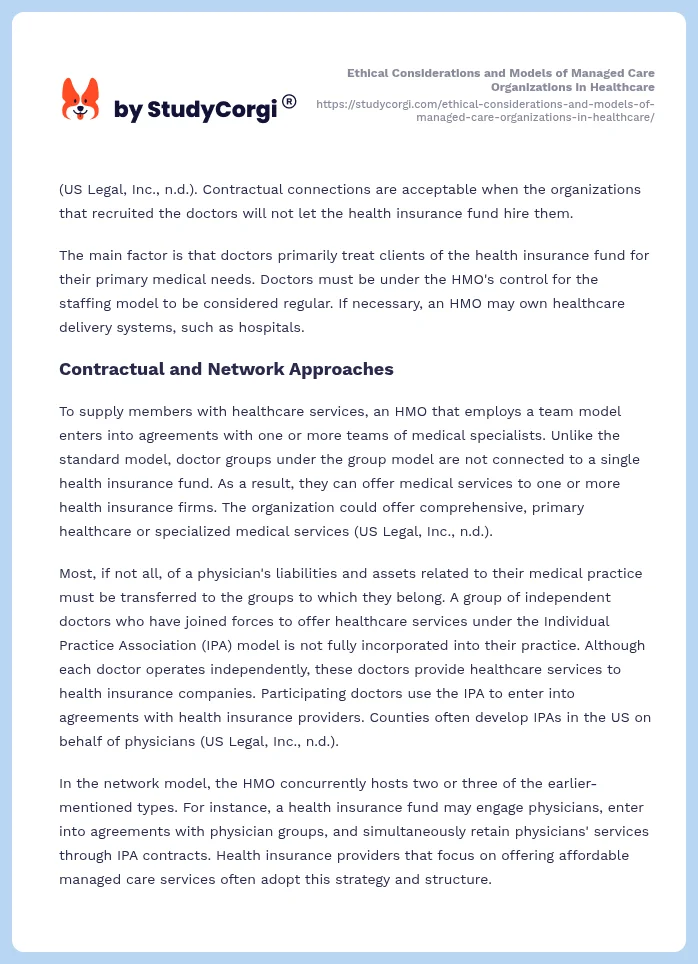 Ethical Considerations and Models of Managed Care Organizations in Healthcare. Page 2