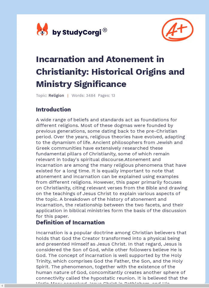 Incarnation and Atonement in Christianity: Historical Origins and Ministry Significance. Page 1
