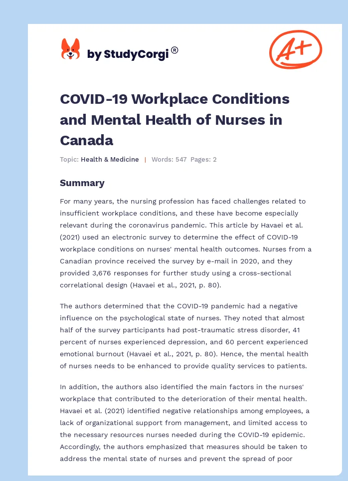 COVID-19 Workplace Conditions and Mental Health of Nurses in Canada. Page 1