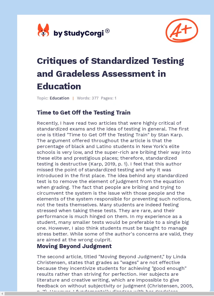 Critiques of Standardized Testing and Gradeless Assessment in Education. Page 1