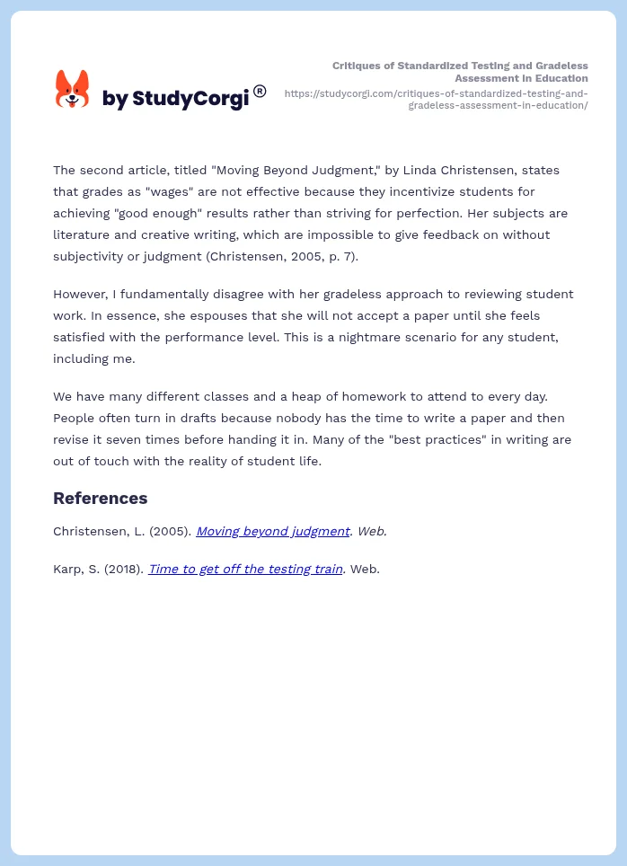Critiques of Standardized Testing and Gradeless Assessment in Education. Page 2