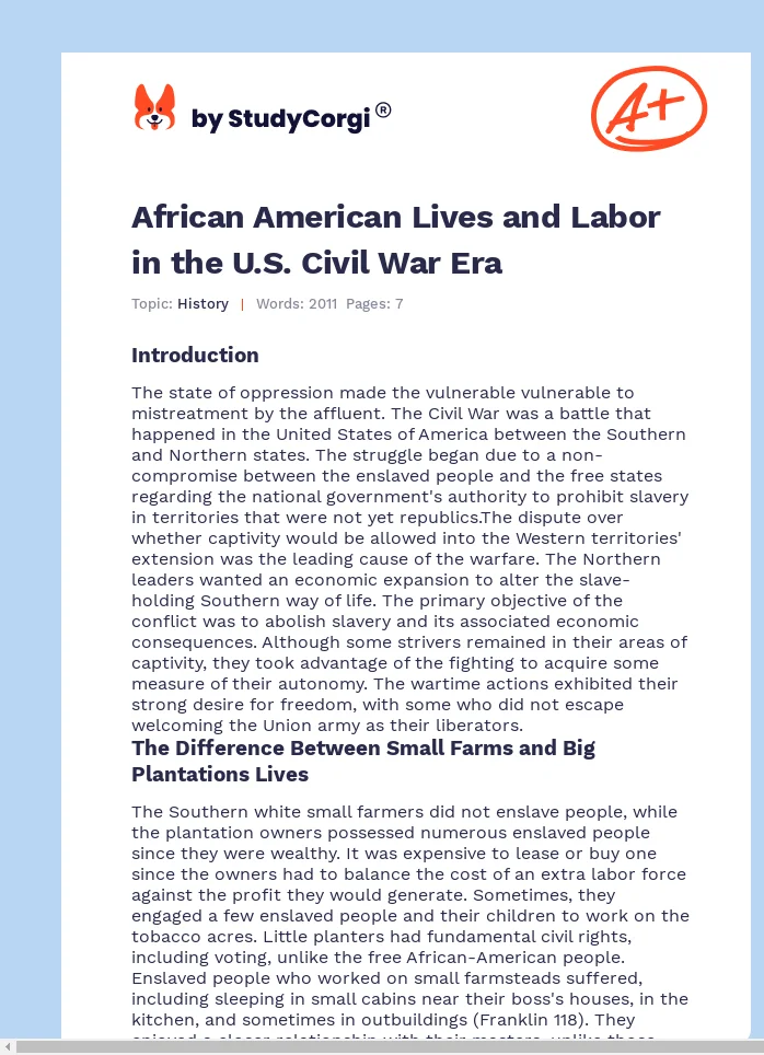 African American Lives and Labor in the U.S. Civil War Era. Page 1