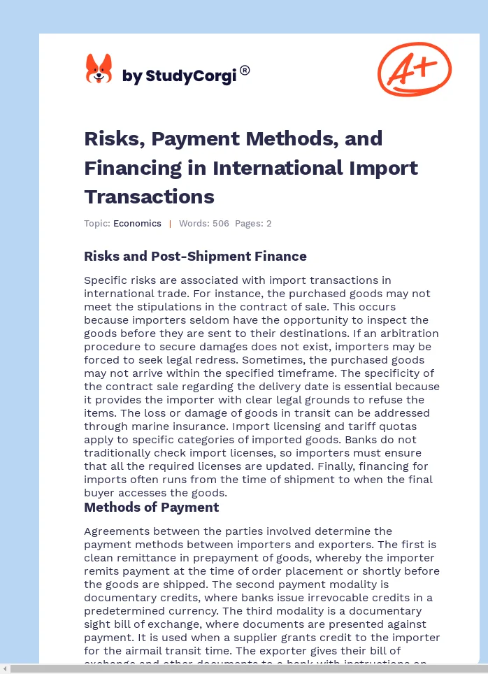 Risks, Payment Methods, and Financing in International Import Transactions. Page 1