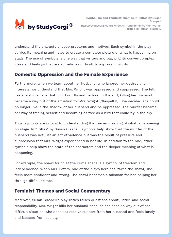 Symbolism and Feminist Themes in Trifles by Susan Glaspell. Page 2