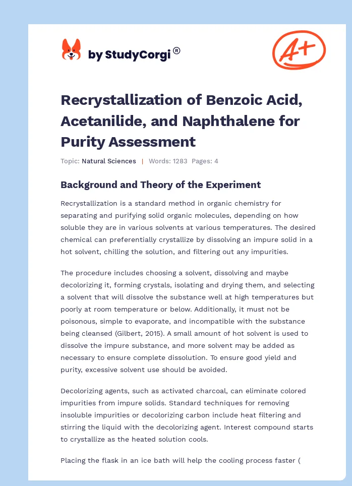 Recrystallization of Benzoic Acid, Acetanilide, and Naphthalene for Purity Assessment. Page 1