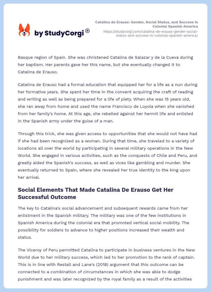 Catalina de Erauso: Gender, Social Status, and Success in Colonial Spanish America. Page 2