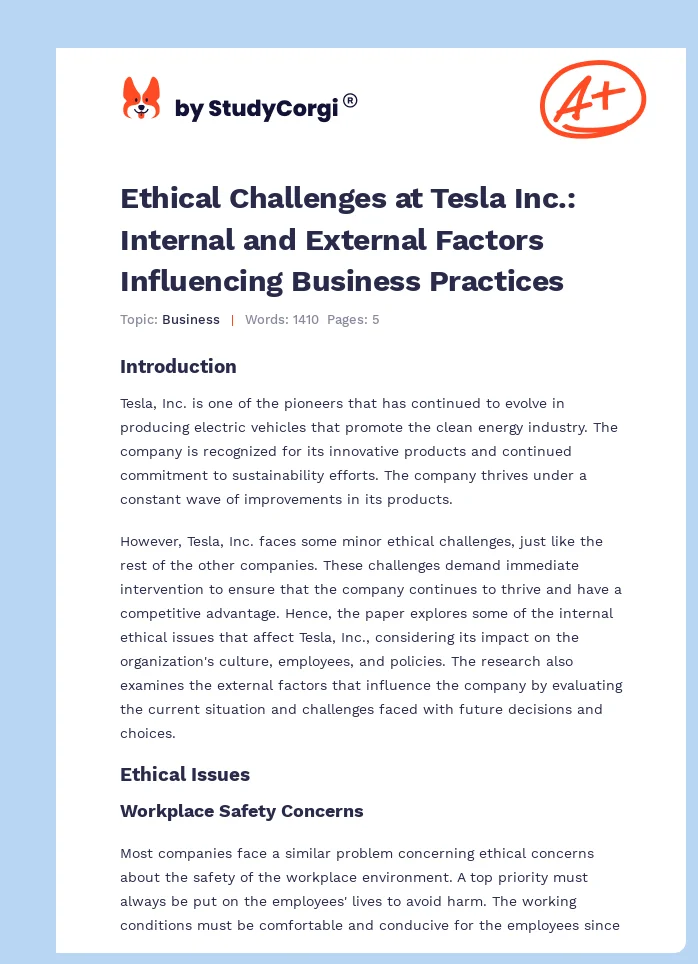 Ethical Challenges at Tesla Inc.: Internal and External Factors Influencing Business Practices. Page 1