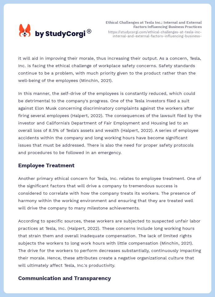 Ethical Challenges at Tesla Inc.: Internal and External Factors Influencing Business Practices. Page 2