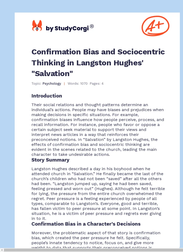 Confirmation Bias and Sociocentric Thinking in Langston Hughes' "Salvation". Page 1