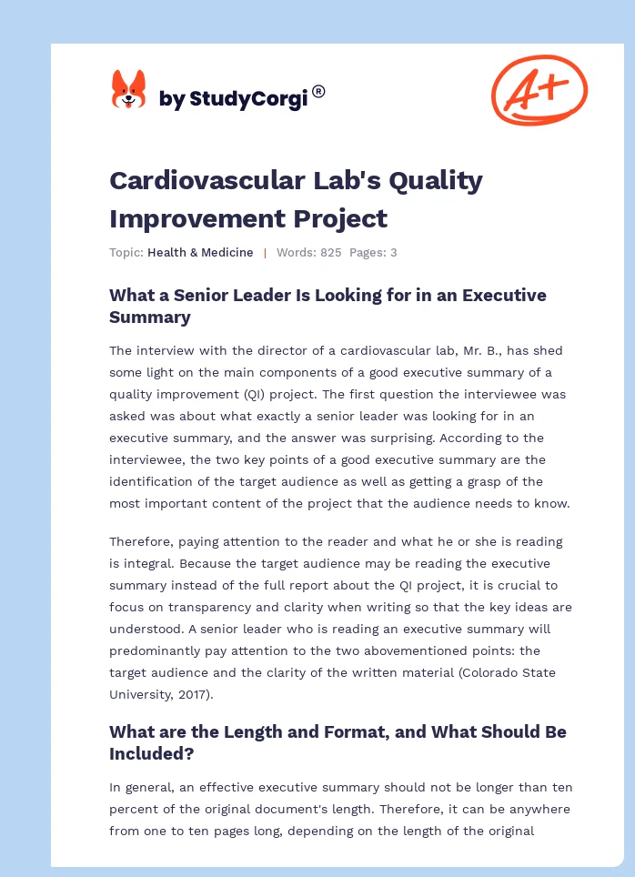 Cardiovascular Lab's Quality Improvement Project. Page 1
