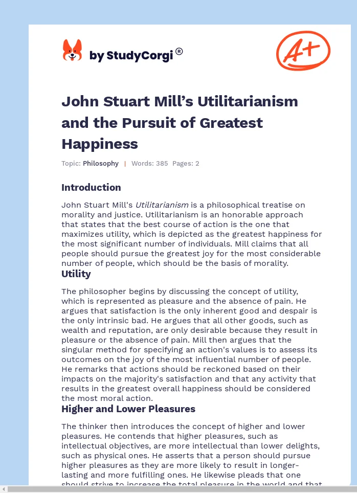 John Stuart Mill’s Utilitarianism and the Pursuit of Greatest Happiness. Page 1
