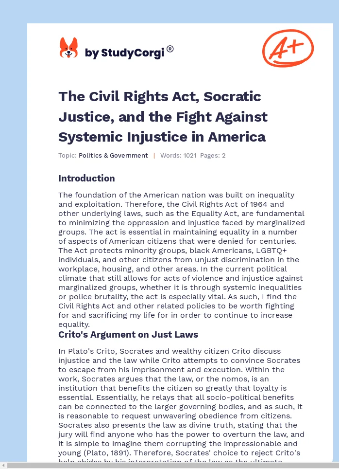 The Civil Rights Act, Socratic Justice, and the Fight Against Systemic Injustice in America. Page 1